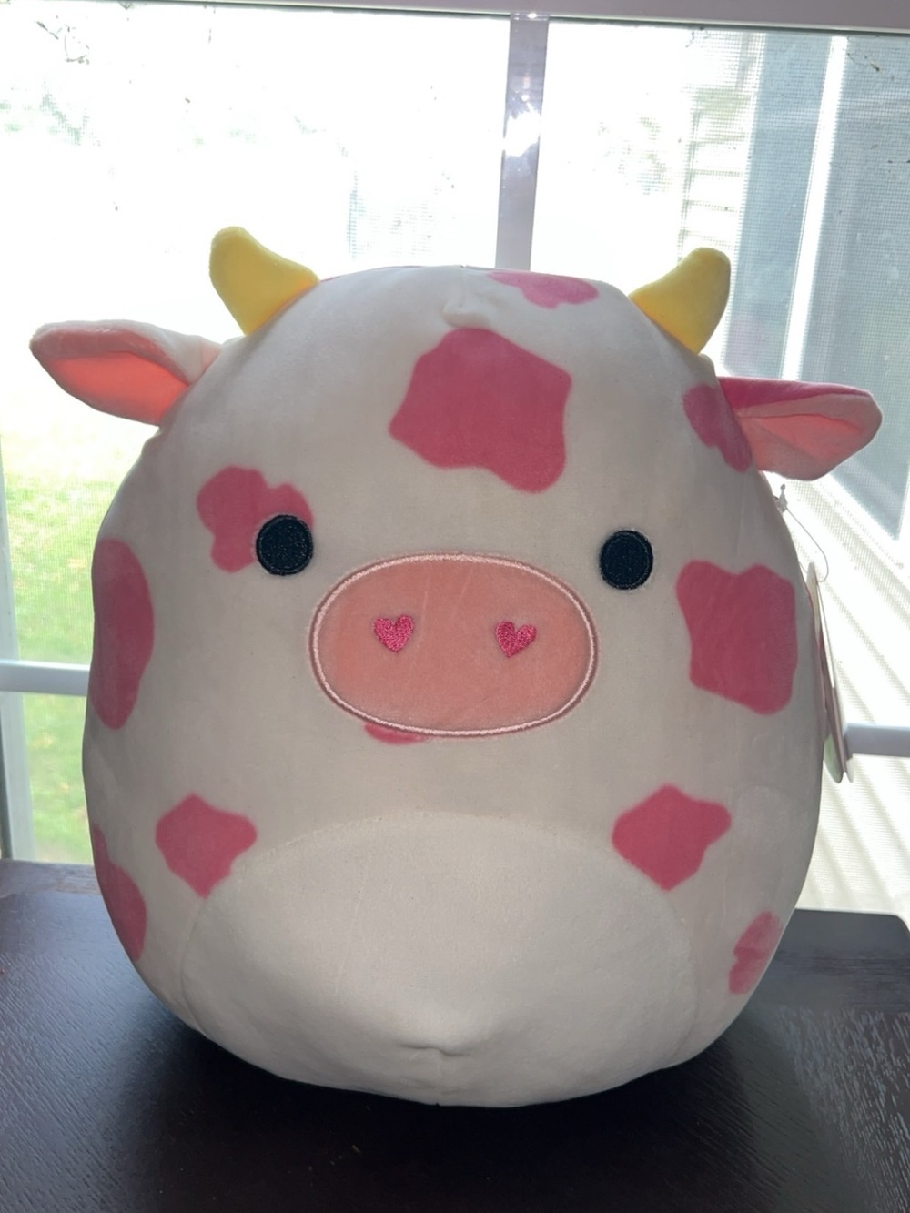 Squishmallows White Cow Pillow with Pink Spots and Yellow Horns